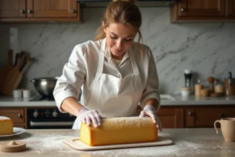 Cheffe pâtissière versant la pâte à génoise dans un moule à bûche rectangulaire sur un plan de travail en bois