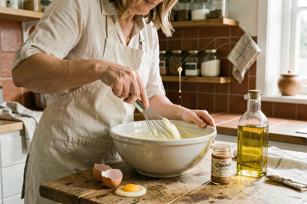 Femme préparant une mayonnaise maison au fouet dans un bol en céramique sur un plan de travail en bois avec œuf, moutarde et huile