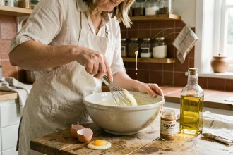 Femme préparant une mayonnaise maison au fouet dans un bol en céramique sur un plan de travail en bois avec œuf, moutarde et huile
