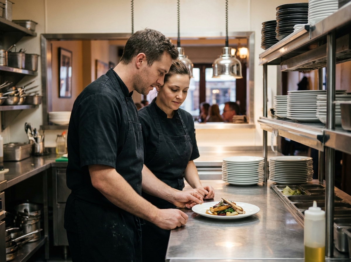 Duo en reconversion professionnelle finissant un plat dans la cuisine d'un restaurant bistro