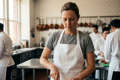 Femme en reconversion professionnelle apprenant les techniques culinaires dans une école de cuisine
