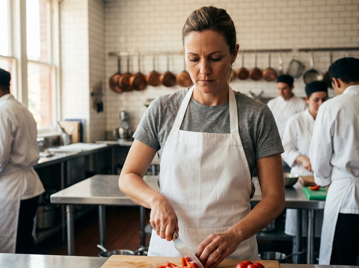 Femme en reconversion professionnelle apprenant les techniques culinaires dans une école de cuisine