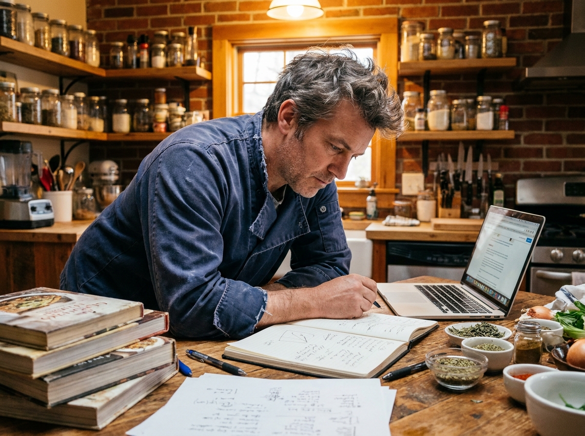 Homme en reconversion culinaire planifiant ses recettes avec des livres de cuisine à domicile
