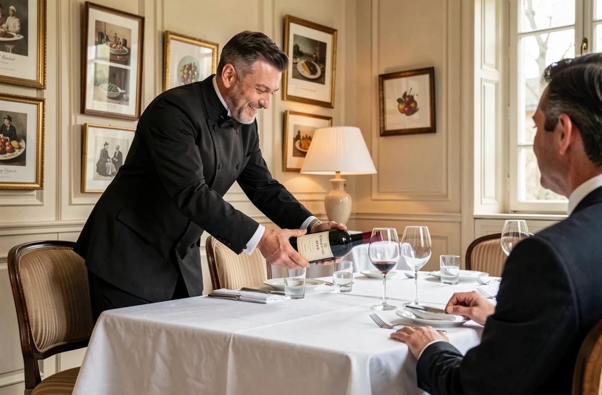 Sommelier en tenue classique présentant un grand cru bourguignon dans la salle emblématique du Relais Bernard Loiseau La Côte d'Or à Saulieu