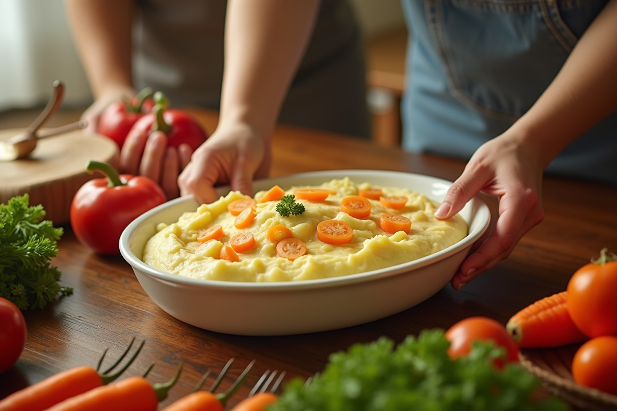 Famille partageant un repas de purée dans une cuisine chaleureuse