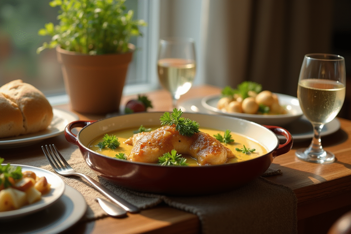 Table rustique avec plat de lapin à la moutarde crémeuse
