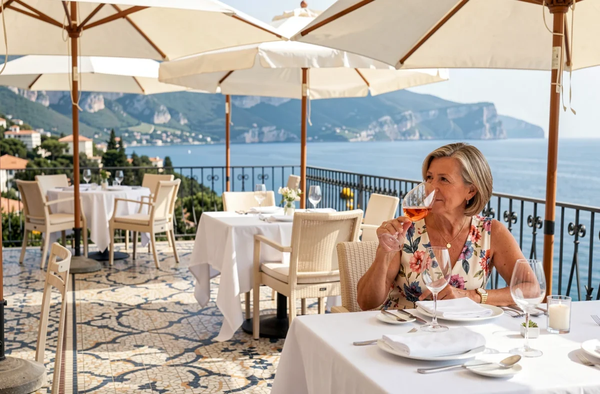 Terrasse gastronomique du Cap Estel à Èze avec vue panoramique sur la Méditerranée et décor de luxe en mosaïque