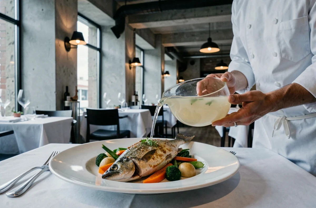 Filet de bar sauvage servi avec un bouillon versé en salle par le chef au restaurant L'Embrun à Brest