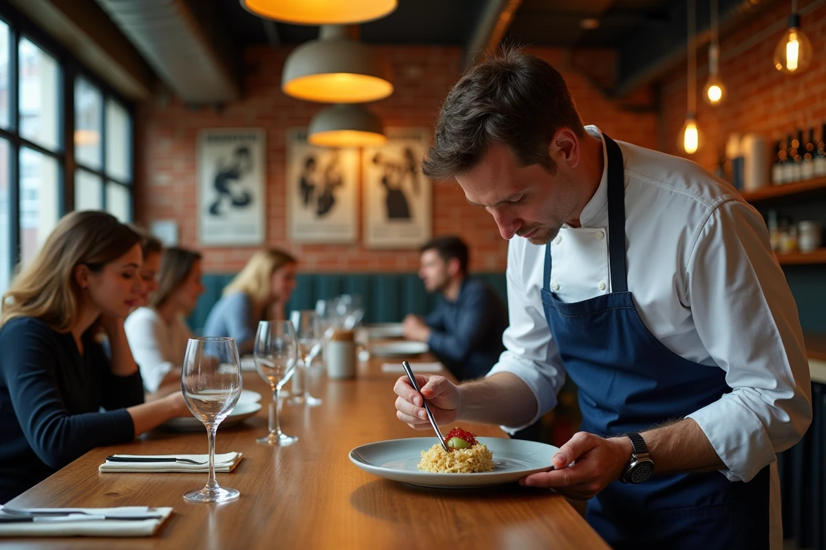 Chef cuisinier préparant un plat fusion dans un restaurant original de la Presqu'île à Lyon devant des clients au comptoir