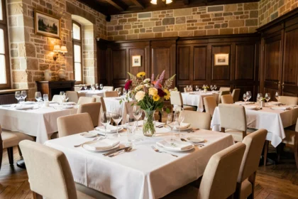 Salle de restaurant gastronomique bourguignon avec tables dressées en linge blanc, verrerie en cristal et décor en pierre et bois sombre