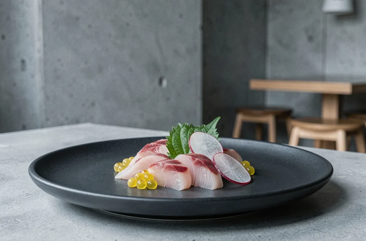 Création culinaire japonaise raffinée servie au restaurant IMA à Rennes avec dressage précis et minimaliste