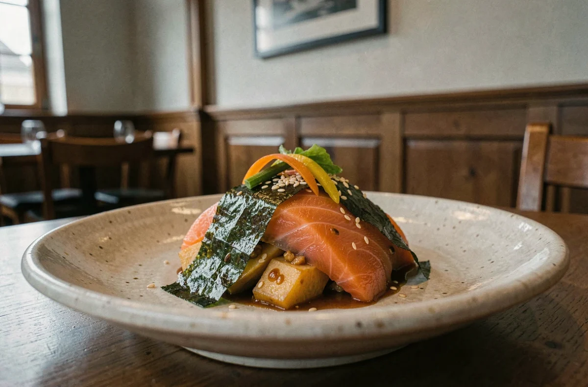 Saumon breton mariné aux algues et légumes glacés au miso, plat de la cuisine franco-japonaise du restaurant Nori à Roscoff