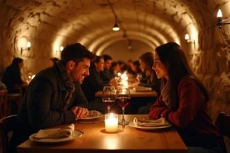 Couple dînant dans un restaurant troglodyte à Lyon avec voûtes en pierre et bougies sur tables en bois rustique