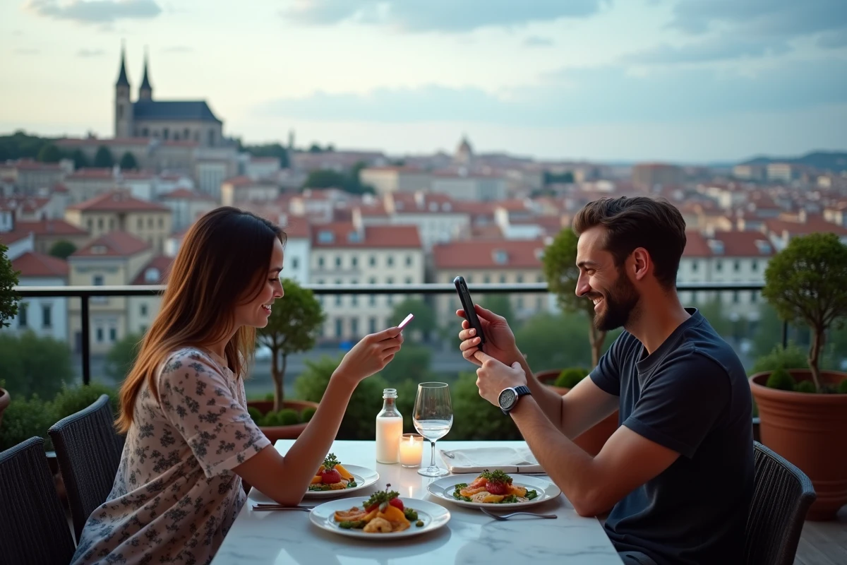 Terrasse de restaurant original à Lyon avec vue sur la basilique de Fourvière et repas gastronomique lyonnais