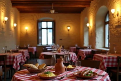Intérieur rustique d'un restaurant typique de Villefranche-de-Rouergue avec plat d'aligot et décor en pierre médiévale