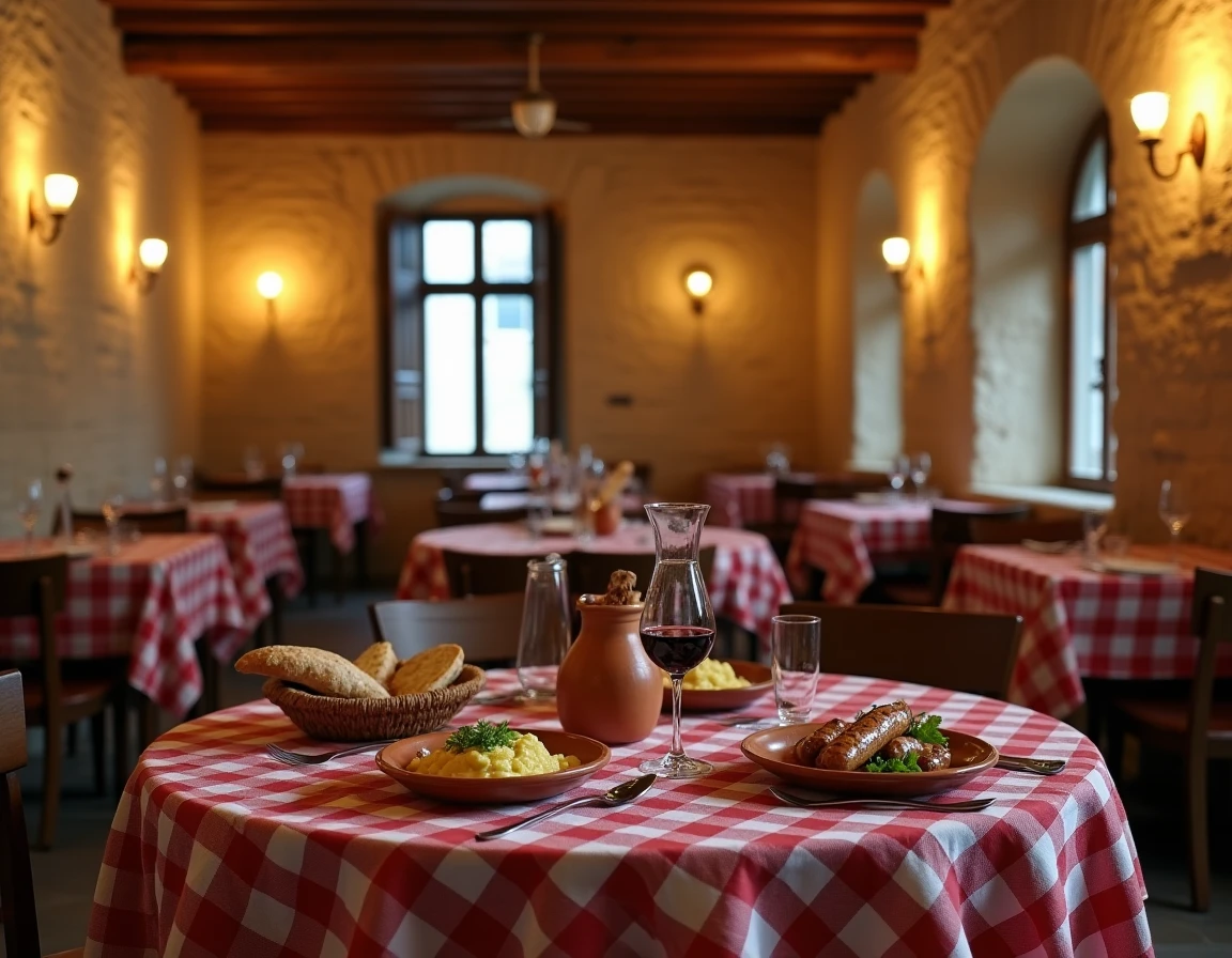 Intérieur rustique d'un restaurant typique de Villefranche-de-Rouergue avec plat d'aligot et décor en pierre médiévale