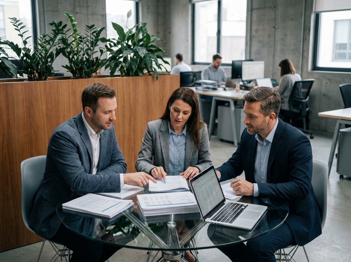 Réunion professionnelle sponsorisée dans un bureau moderne avec des collègues collaborant autour d'une table en verre