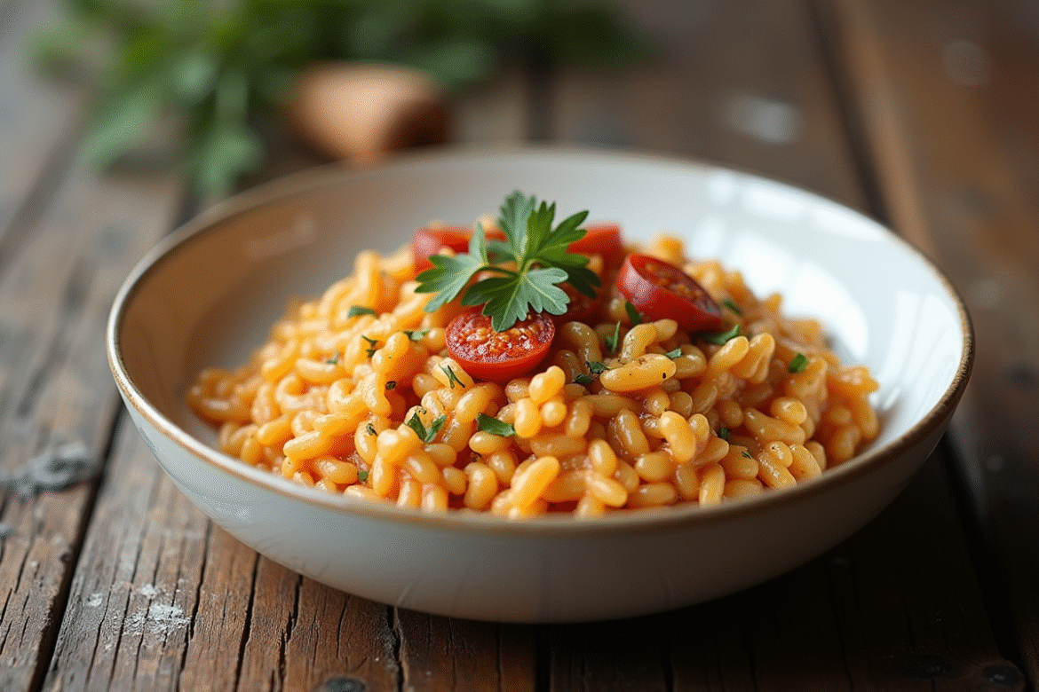Risotto crémeux au chorizo dans un bol blanc rustique