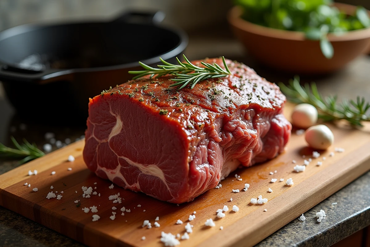 Rôti de bœuf de 1 kg doré au four posé sur une planche en bois avec herbes et fleur de sel