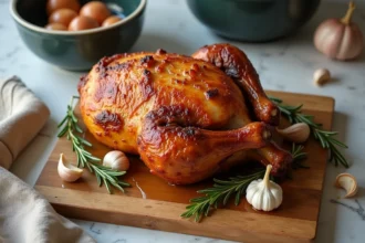 Rôti de porc doré et juteux sorti de l'airfryer, posé sur une planche en bois avec du romarin frais et de l'ail