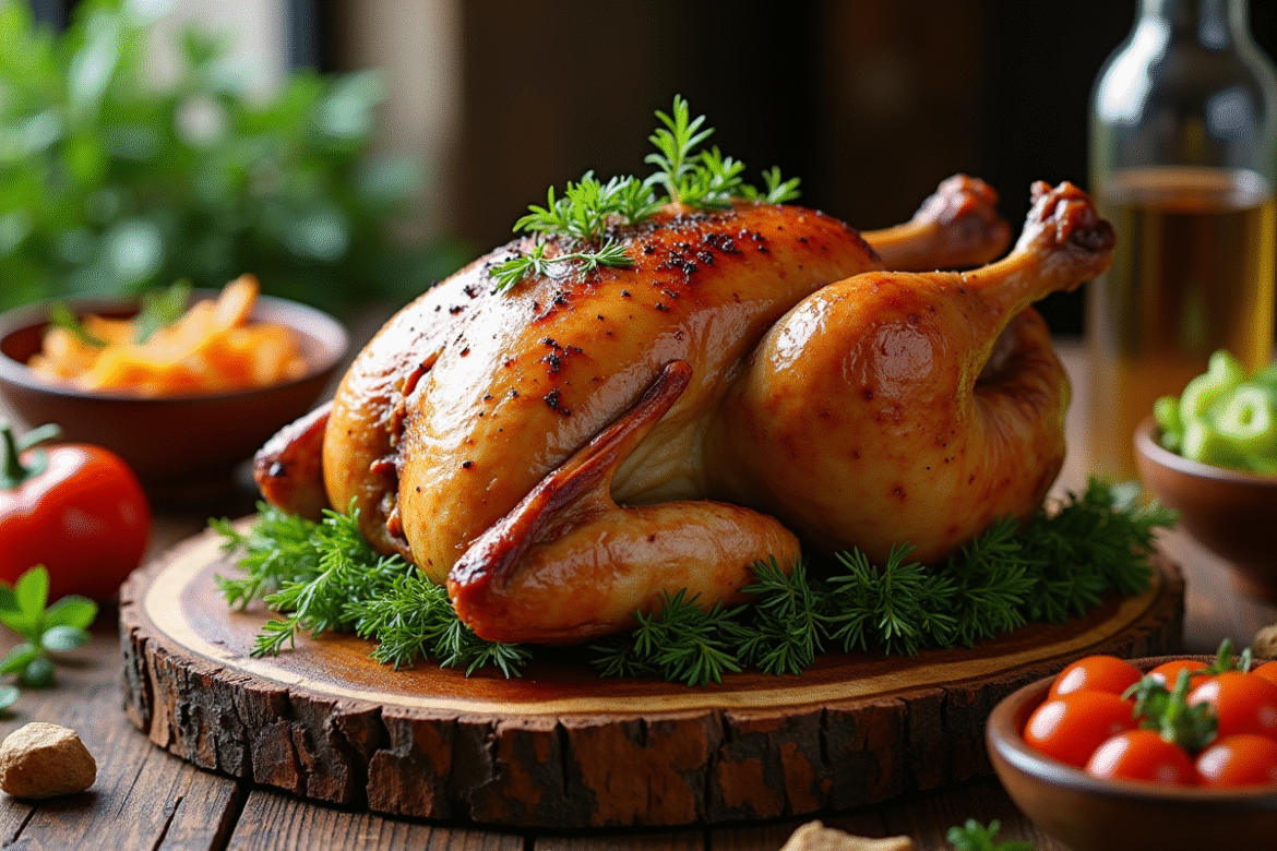 Capon rôti sur planche en bois avec herbes fraîches