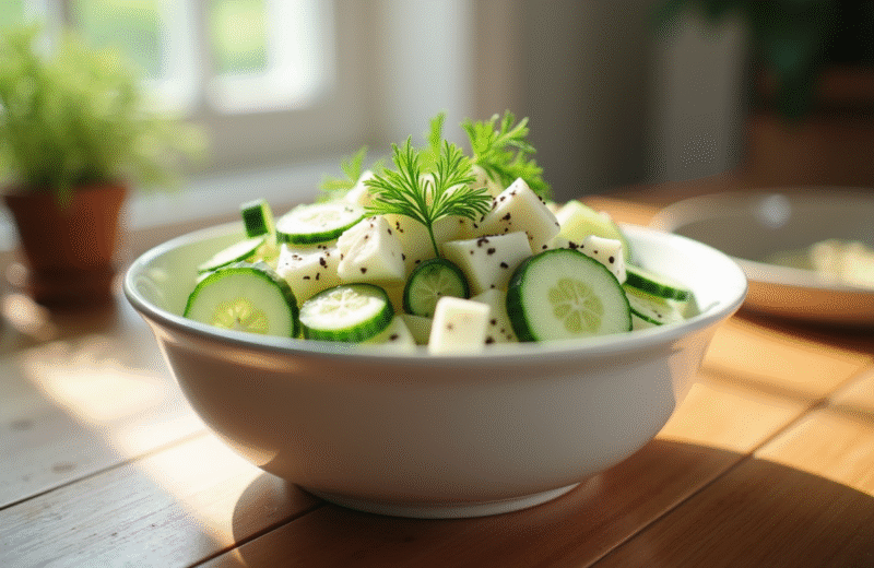 Salade de concombre fraîche avec creme dans un bol blanc