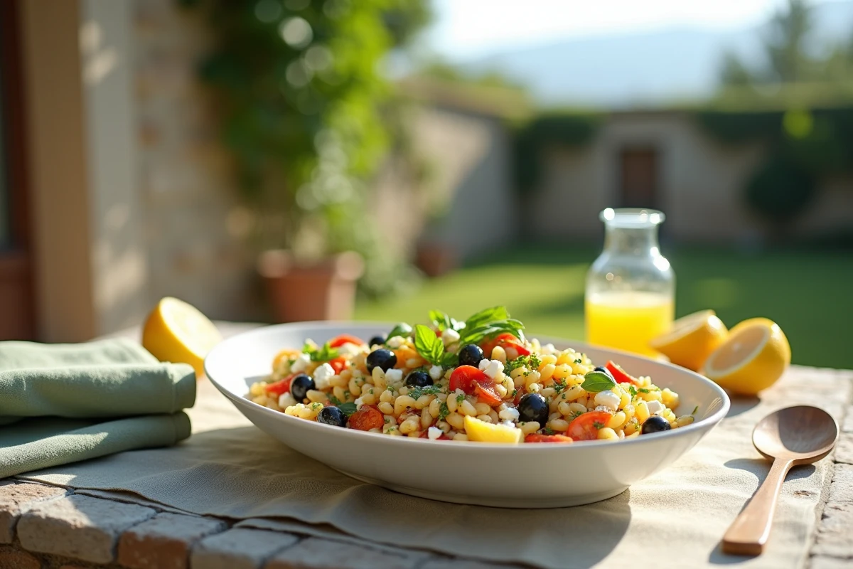 Salade d'orzo au citron avec légumes rôtis et feta servie sur une terrasse ensoleillée en plein air