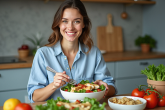 Jeune femme préparant une salade colorée dans la cuisine