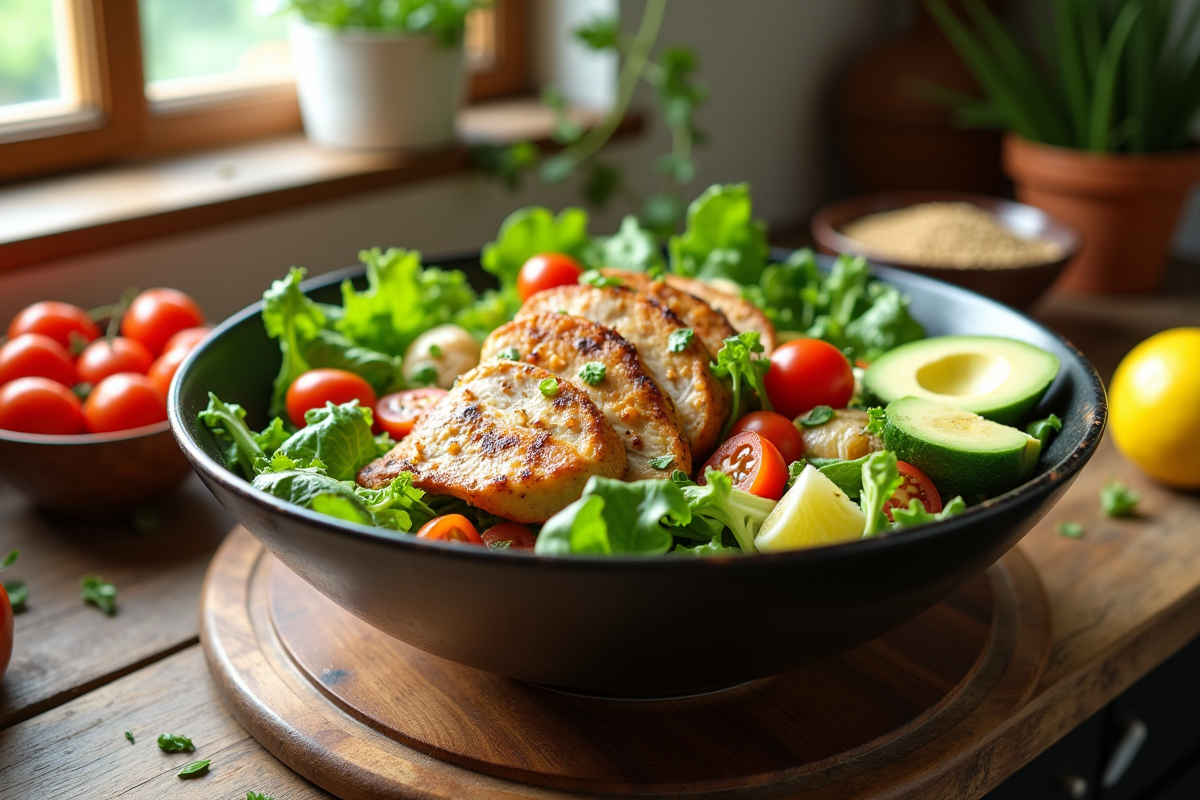 Salade verte avec poulet grillé et légumes sur un plan de travail en bois