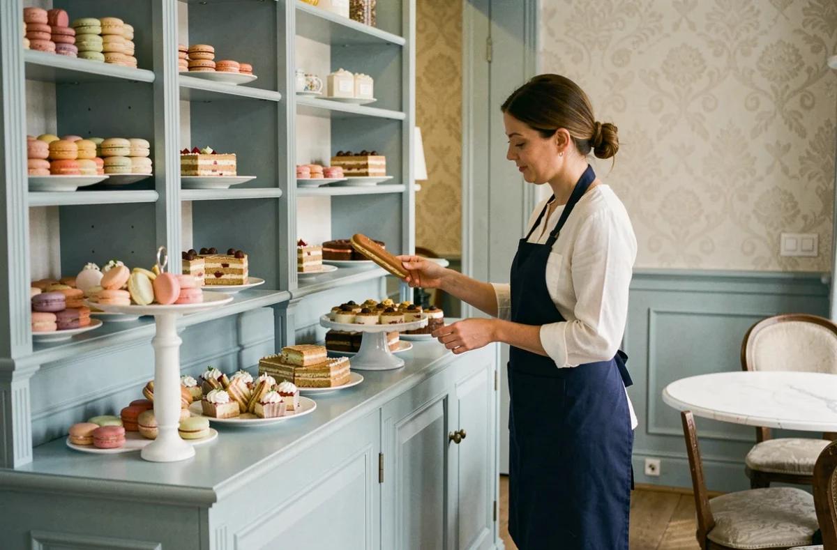 Intérieur élégant du Salon Bleu à Metz avec pâtisseries raffinées exposées sur des présentoirs en porcelaine