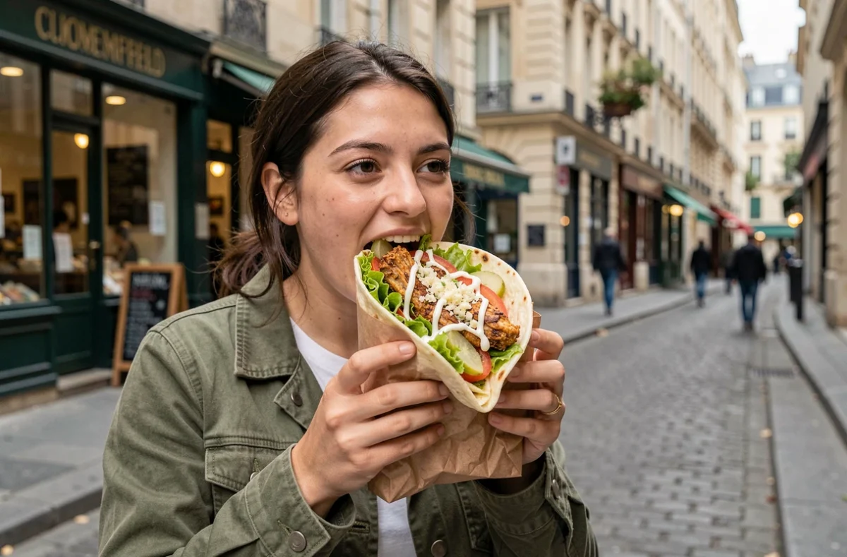 Jeune femme mangeant un sandwich shawarma libanais dans la rue Mouffetard à Paris, sandwich au poulet avec sauce à l'ail et légumes