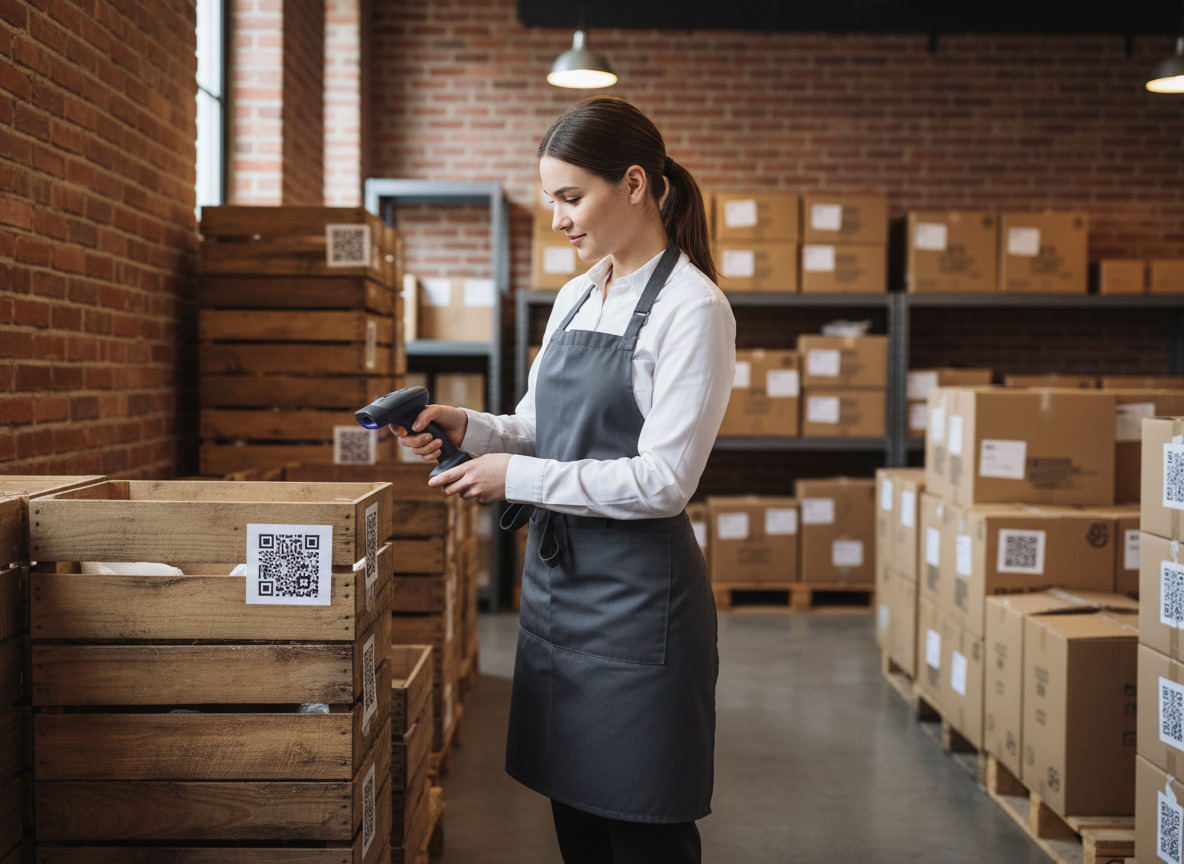 Serveuse scannant des caisses de produits en stock