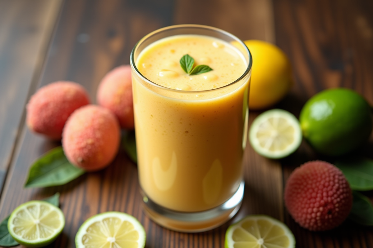 Smoothie frais avec fruits coupés sur une table en bois