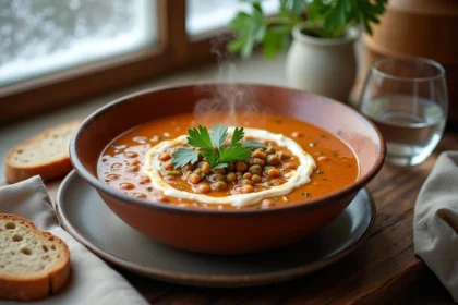 Bol de soupe de légumes et lentilles avec pain complet, repas du soir équilibré pour l'hiver