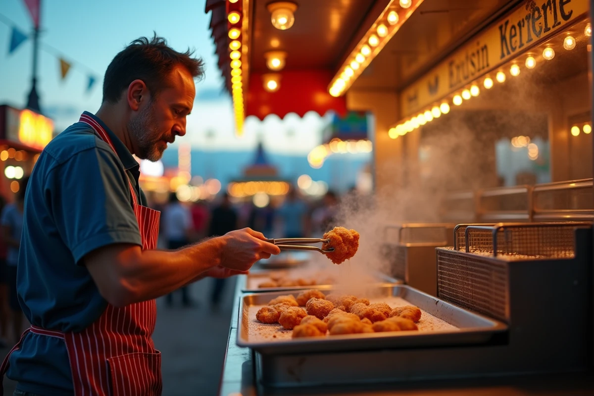 Stand de beignets aux pommes à la fête foraine avec un vendeur qui sort les beignets dorés de la friteuse sous les lumières du manège