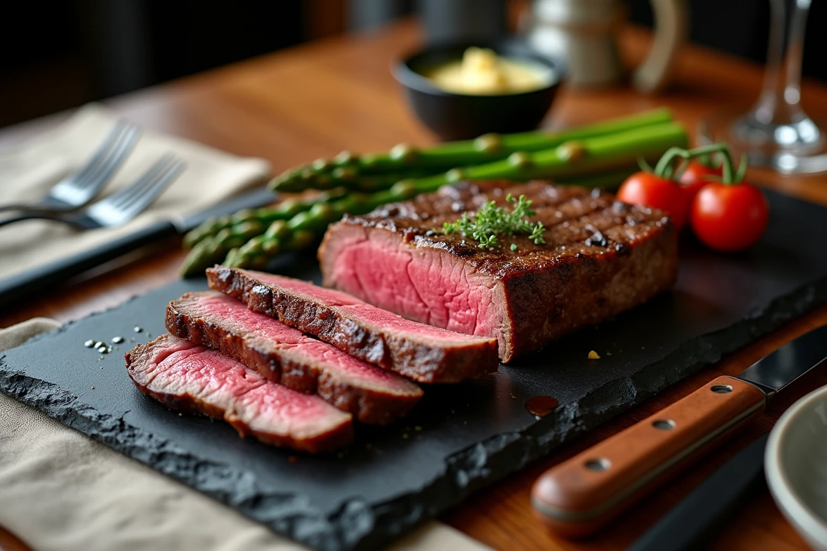 Steak California tranché à point sur ardoise avec beurre aux herbes et légumes grillés dans un restaurant