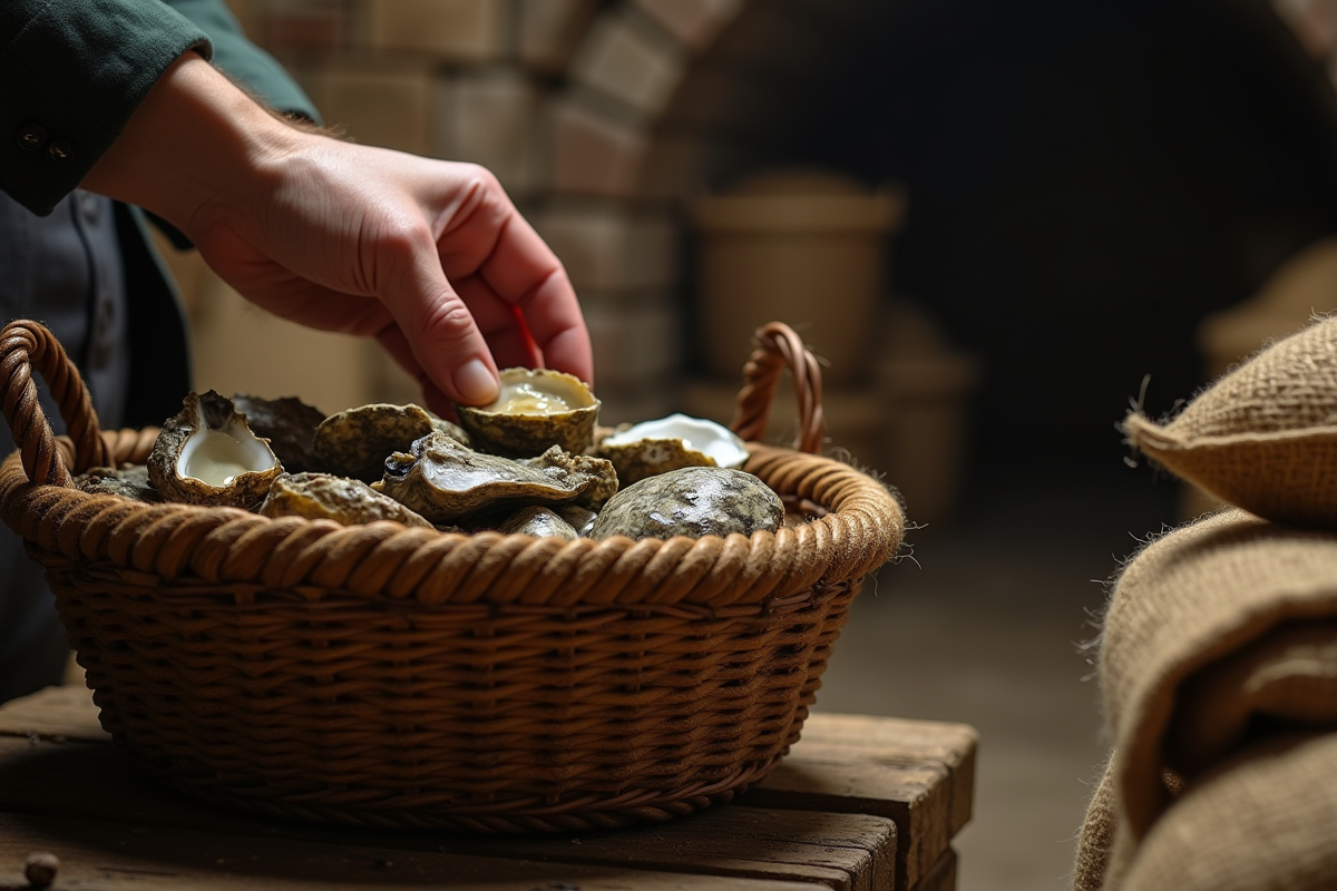Main plaçant huitres dans un panier en cave artisanale