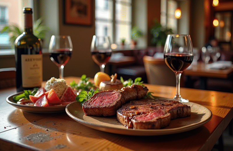 Table en bois dans un restaurant lyonnais avec steaks et vin