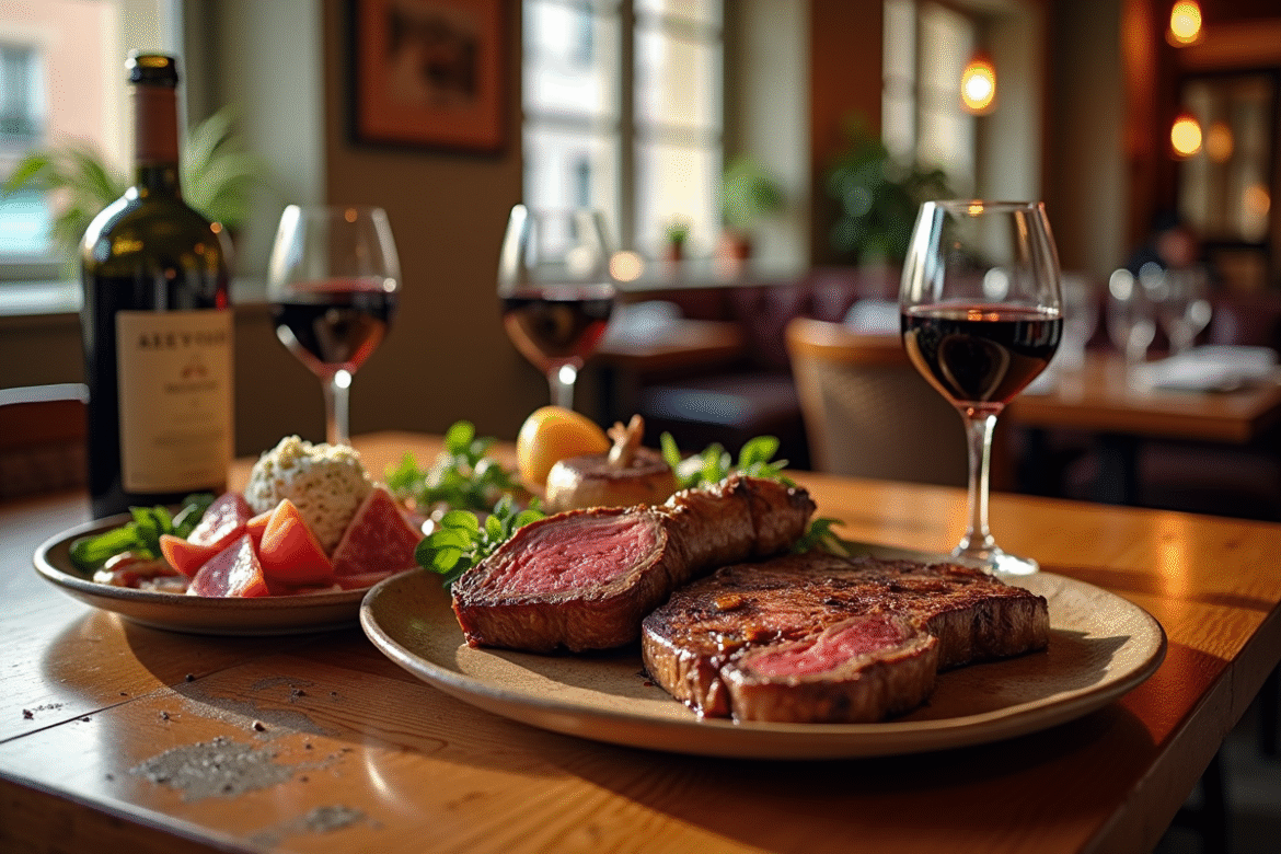 Table en bois dans un restaurant lyonnais avec steaks et vin