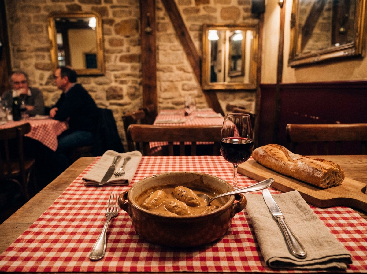 Table dressée dans un bouchon lyonnais traditionnel avec quenelles, vin Beaujolais et décoration d'époque