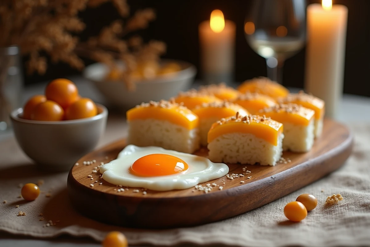 Table de desserts trompe l'oeil avec sushis sucrés, œuf en panna cotta et olives en ganache lors d'un dîner élégant