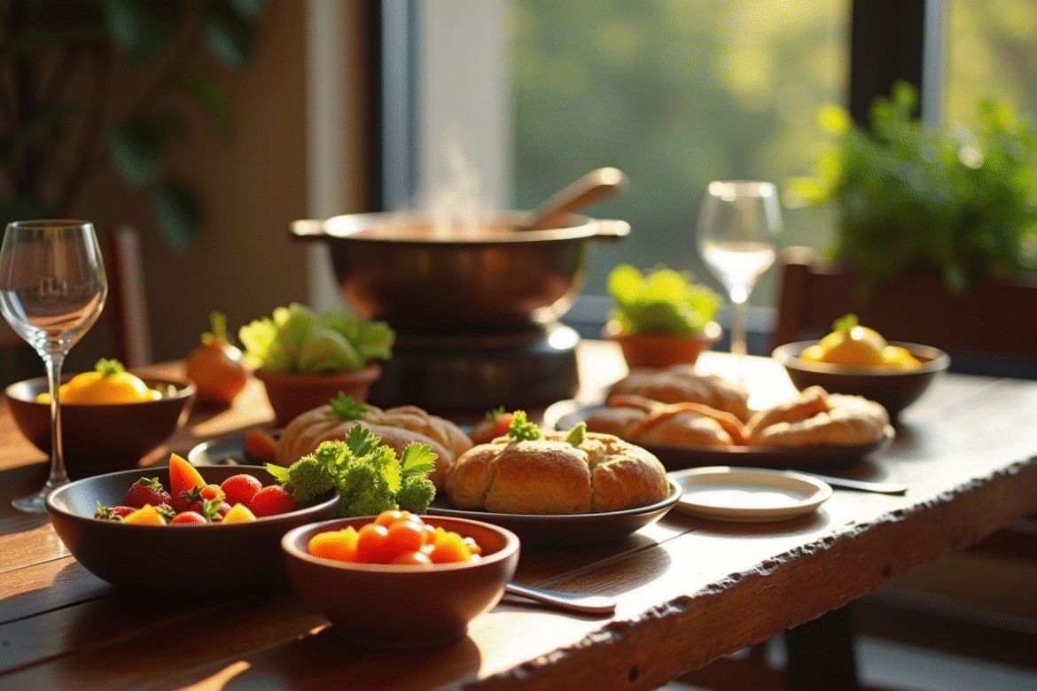 Table en bois élégante pour fondue bourguignonne avec accompagnements