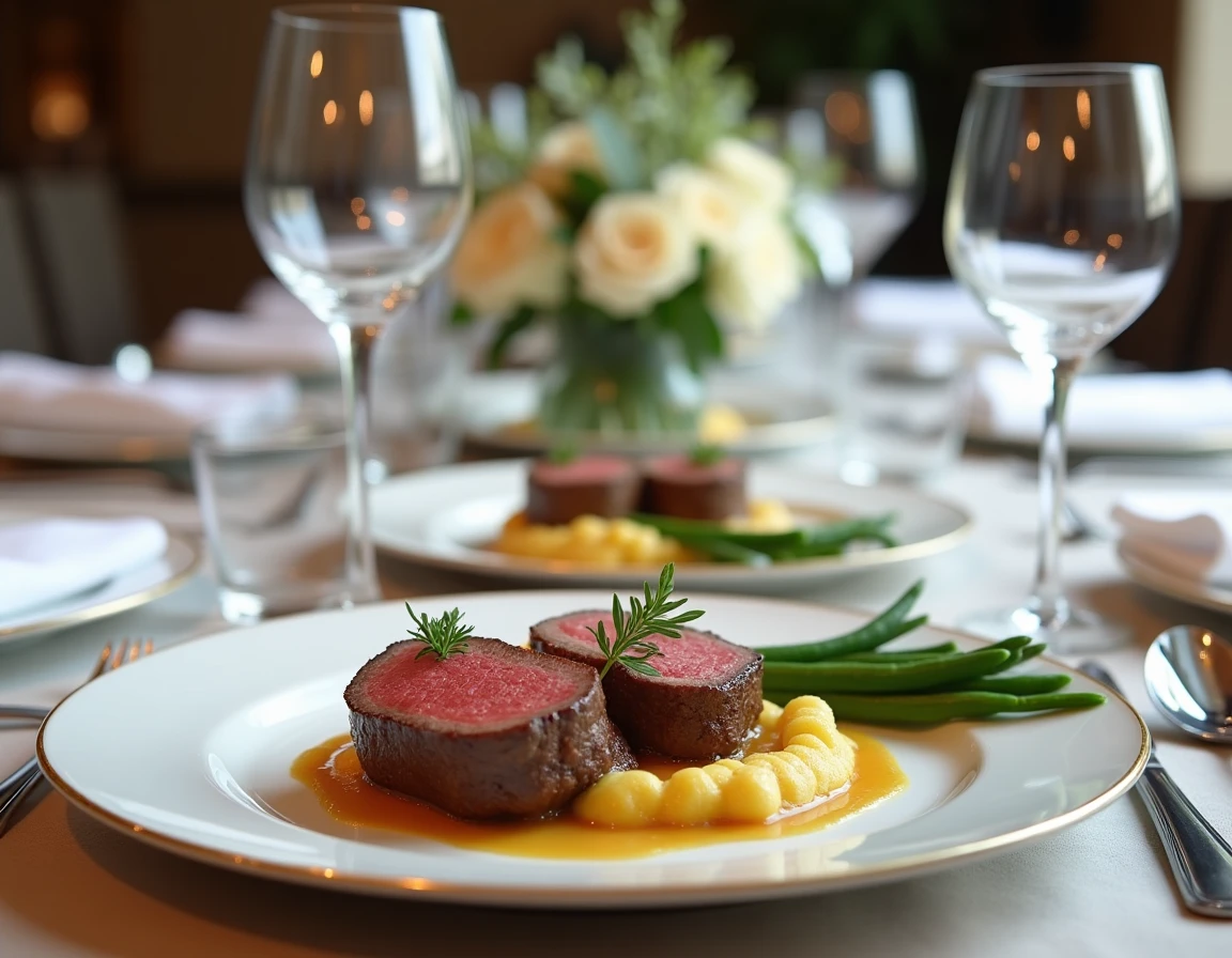 Table dressée pour un dîner de six convives avec filet mignon sauce moutarde, gratin dauphinois et haricots verts, décoration florale élégante