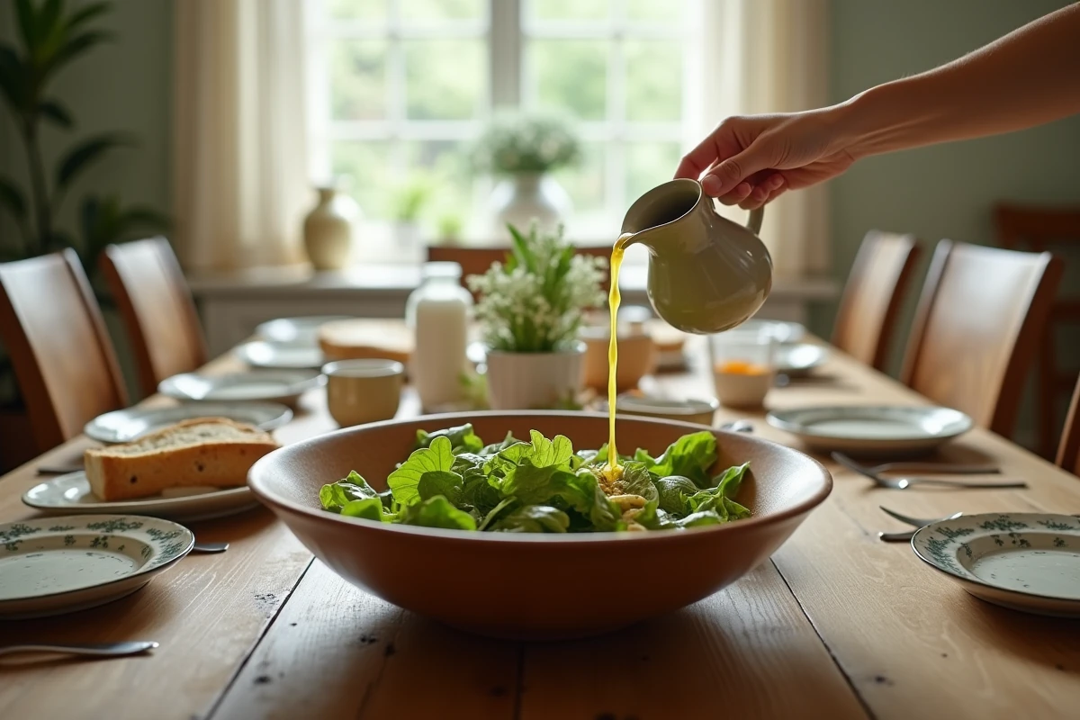 Table familiale du dimanche avec salade verte arrosée de vinaigrette maison versée depuis un petit pichet en céramique