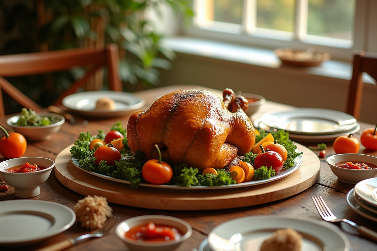 Table festive avec capon doré et sauces gourmandes