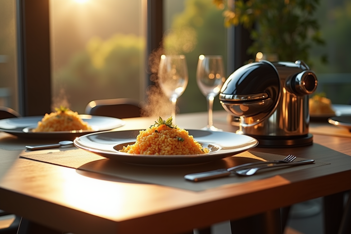 Table élégante avec risotto chaud servi par un robot de cuisine futuriste