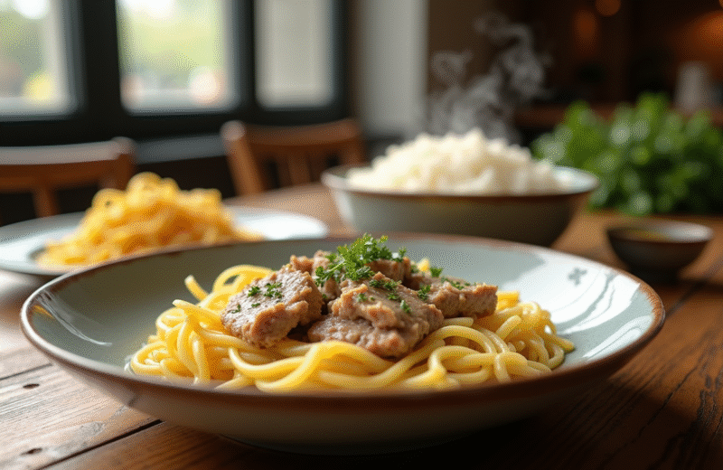 Table rustique avec riz blanc et tagliatelles fraîches