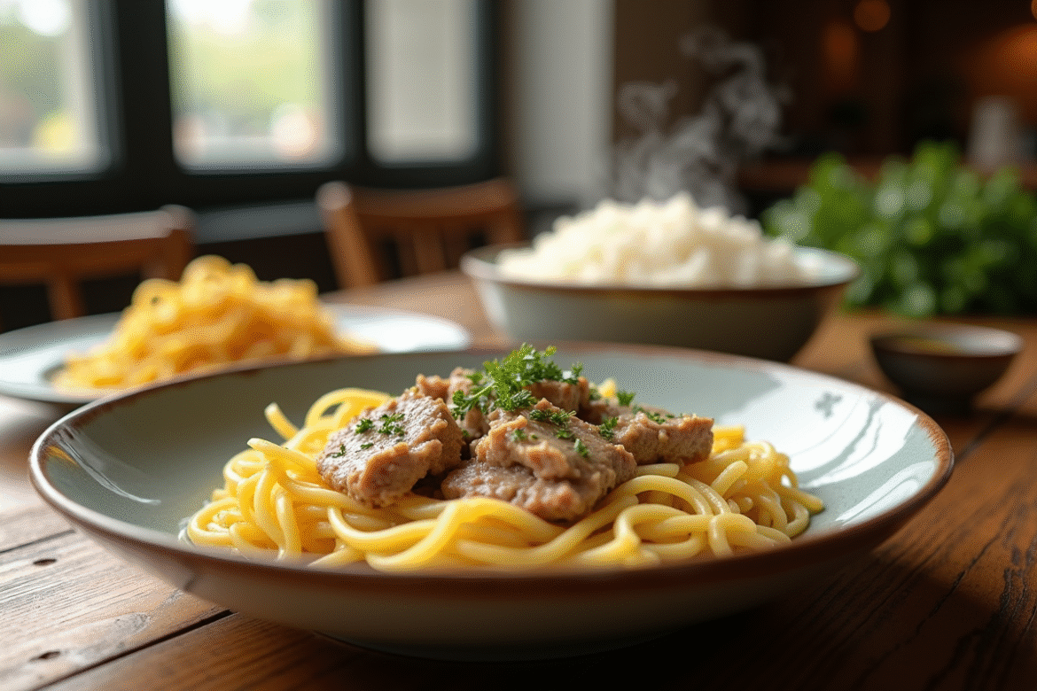 Table rustique avec riz blanc et tagliatelles fraîches