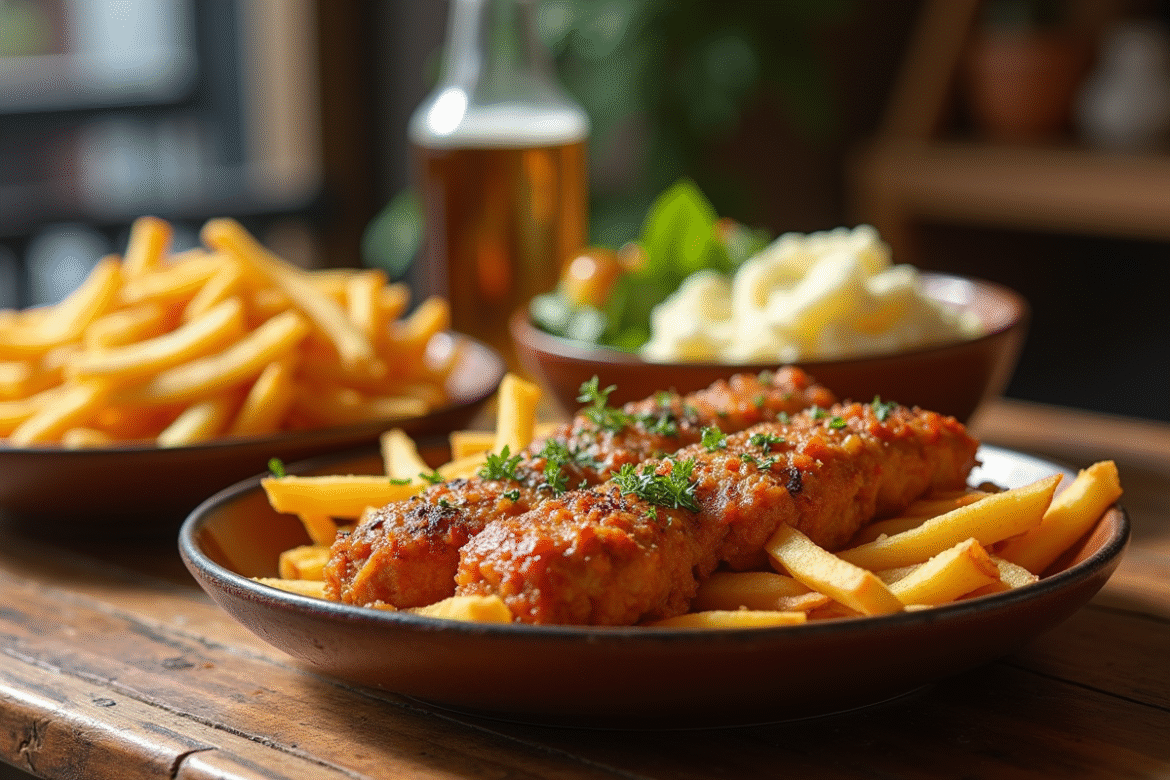 Table rustique avec plats belges traditionnels pour carbonade