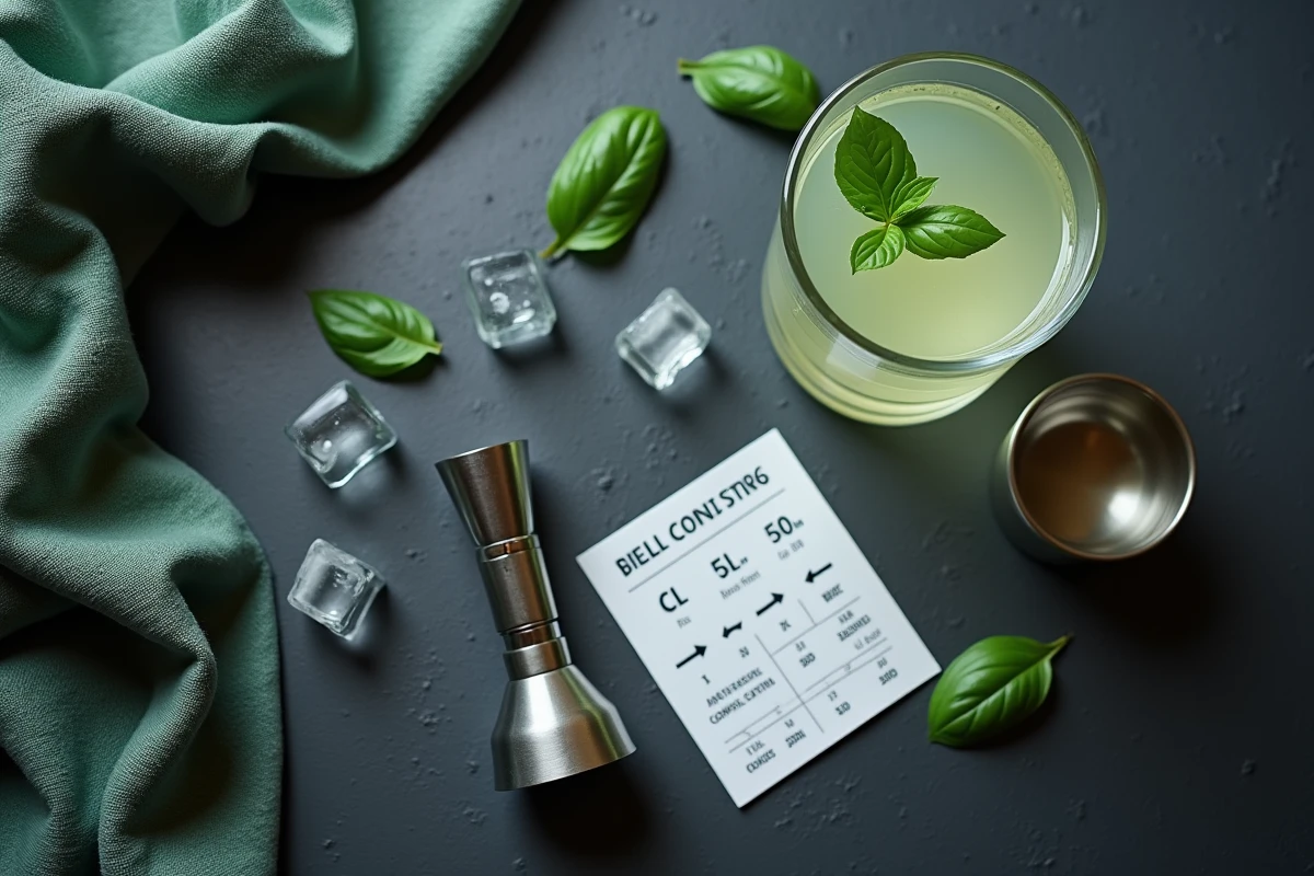 Vue de dessus d'un jigger, d'un verre à cocktail et d'un tableau de conversion centilitres en millilitres sur ardoise
